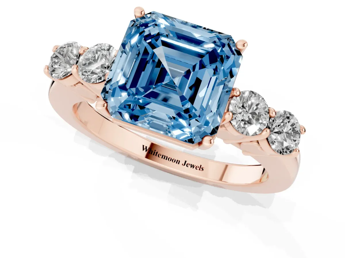 Fancy Blue Asscher Cut Cut Diamond Five-Stone Prong Set White Gold Ring Rose gold