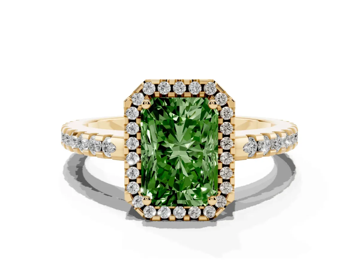 Fancy Green Radiant Cut Diamond Halo Engagement Ring with Pavé Band and Prong Setting Yellow gold