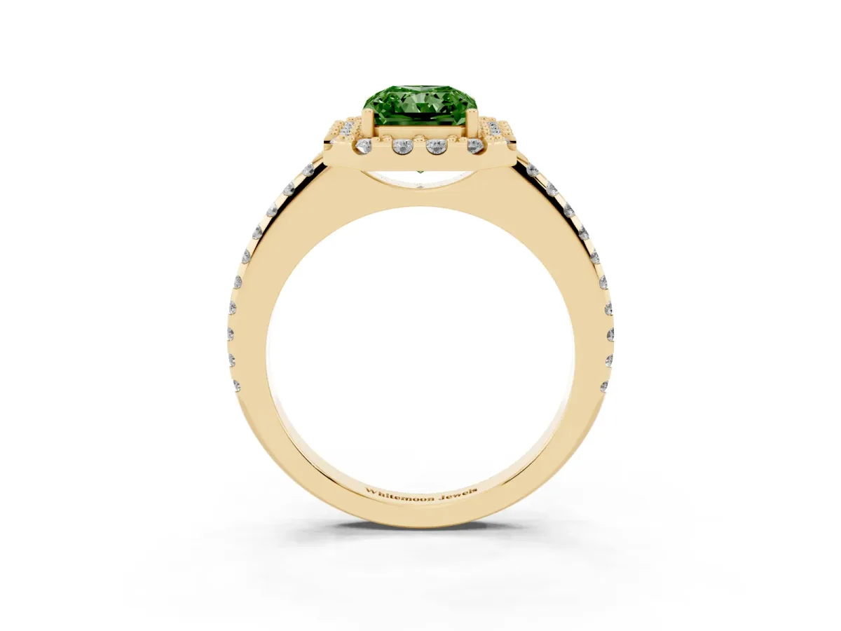 Fancy Green Radiant Cut Diamond Pavé Halo Ring with Four-Prong Setting Yellow gold