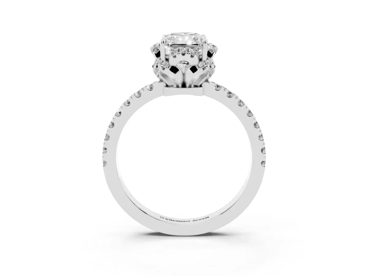 Radiant Cut Halo Diamond Pave Band Ring with Four-Prong Setting Silver