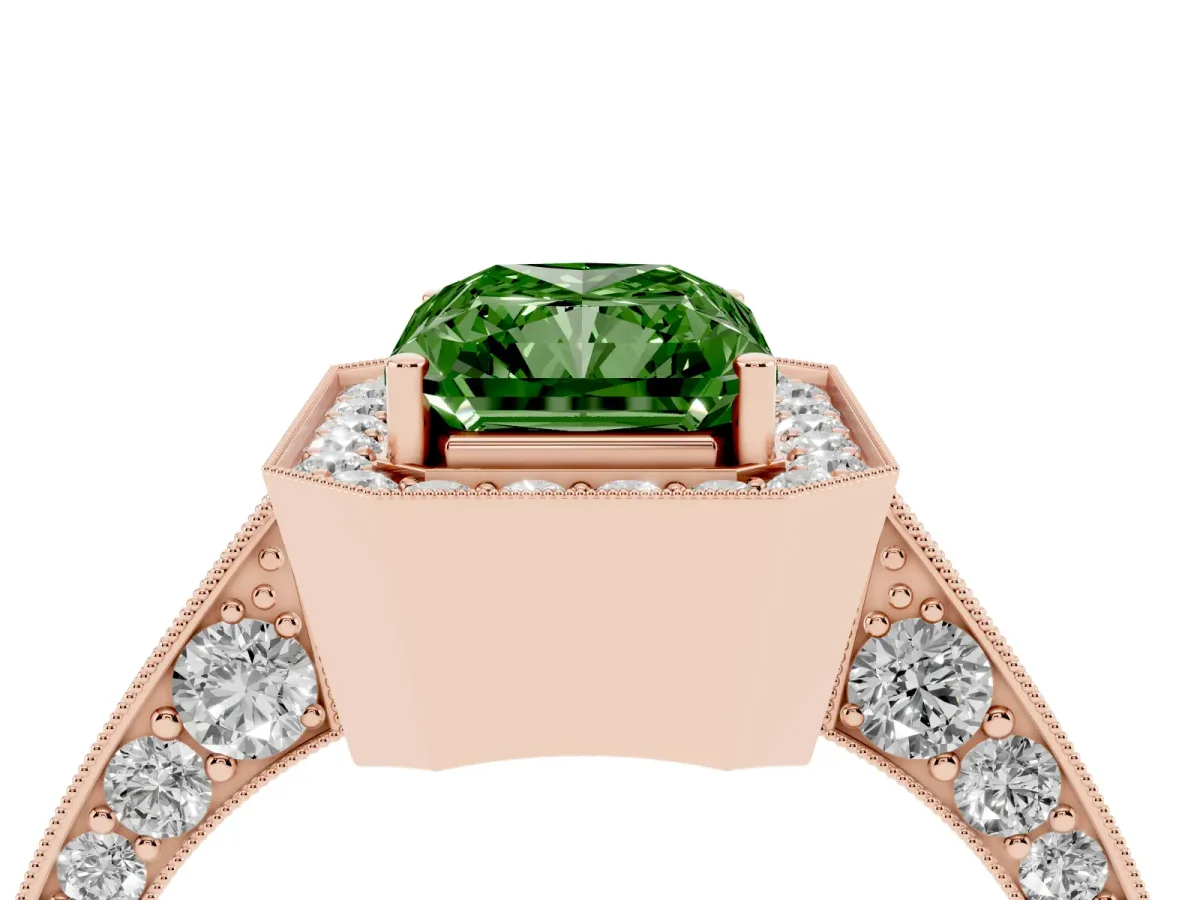Fancy Green Radiant Cut Halo Diamond Engagement Ring with Split Shank Band and Four-Prong Setting Rose gold