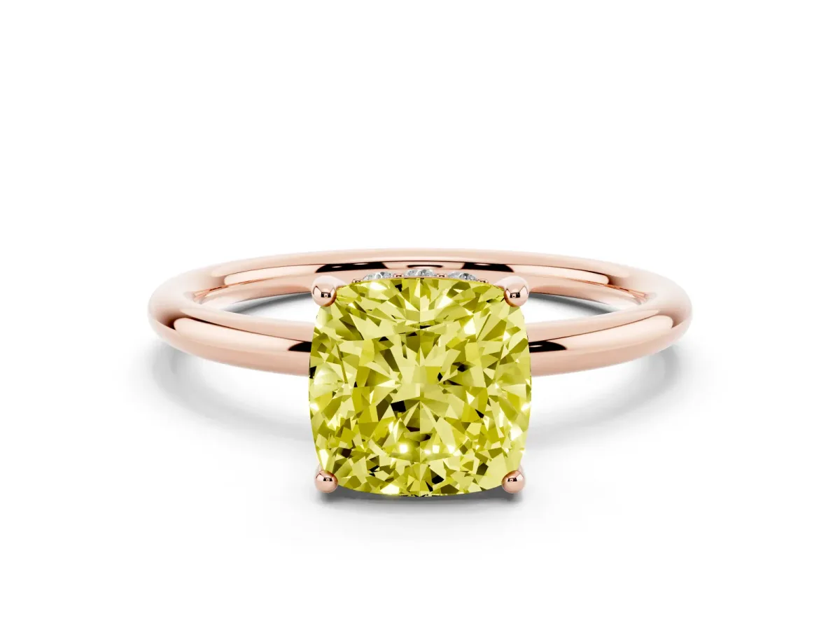 Fancy Yellow Cushion Cut Solitaire Diamond Ring with a Classic Band and Four-Prong Setting Rose gold