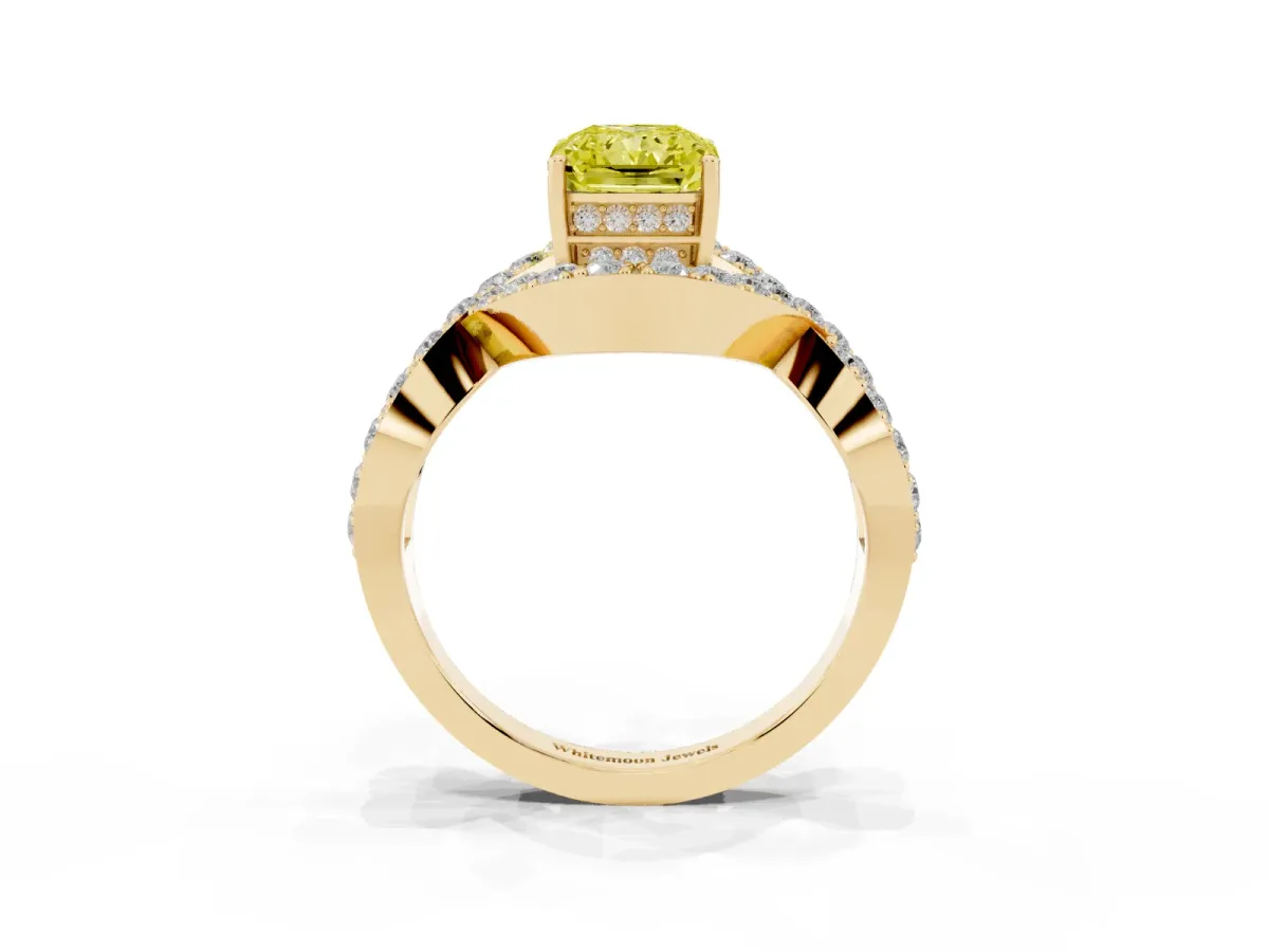 Fancy Yellow Radiant Cut Solitaire Twist Band Pavé Diamond Engagement Ring Yellow gold
