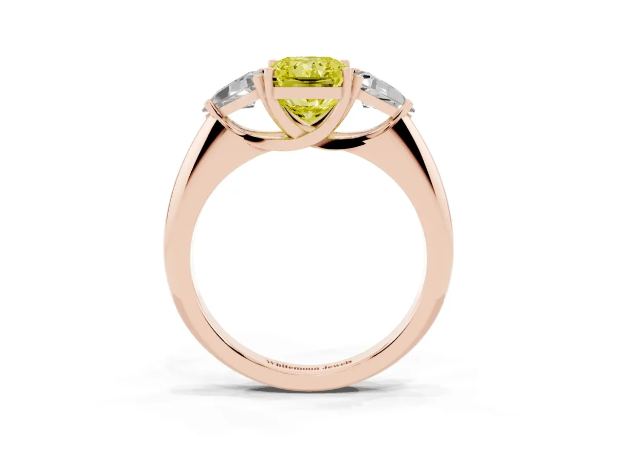 Fancy Yellow Three-Stone Radiant Cut Diamond Engagement Ring with Trillion Side Stones and Prong Setting Rose gold