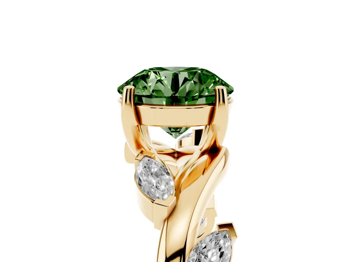Fancy Green Round Cut Solitaire Twisted Band Marquise Accent Prong Setting Ring Yellow gold