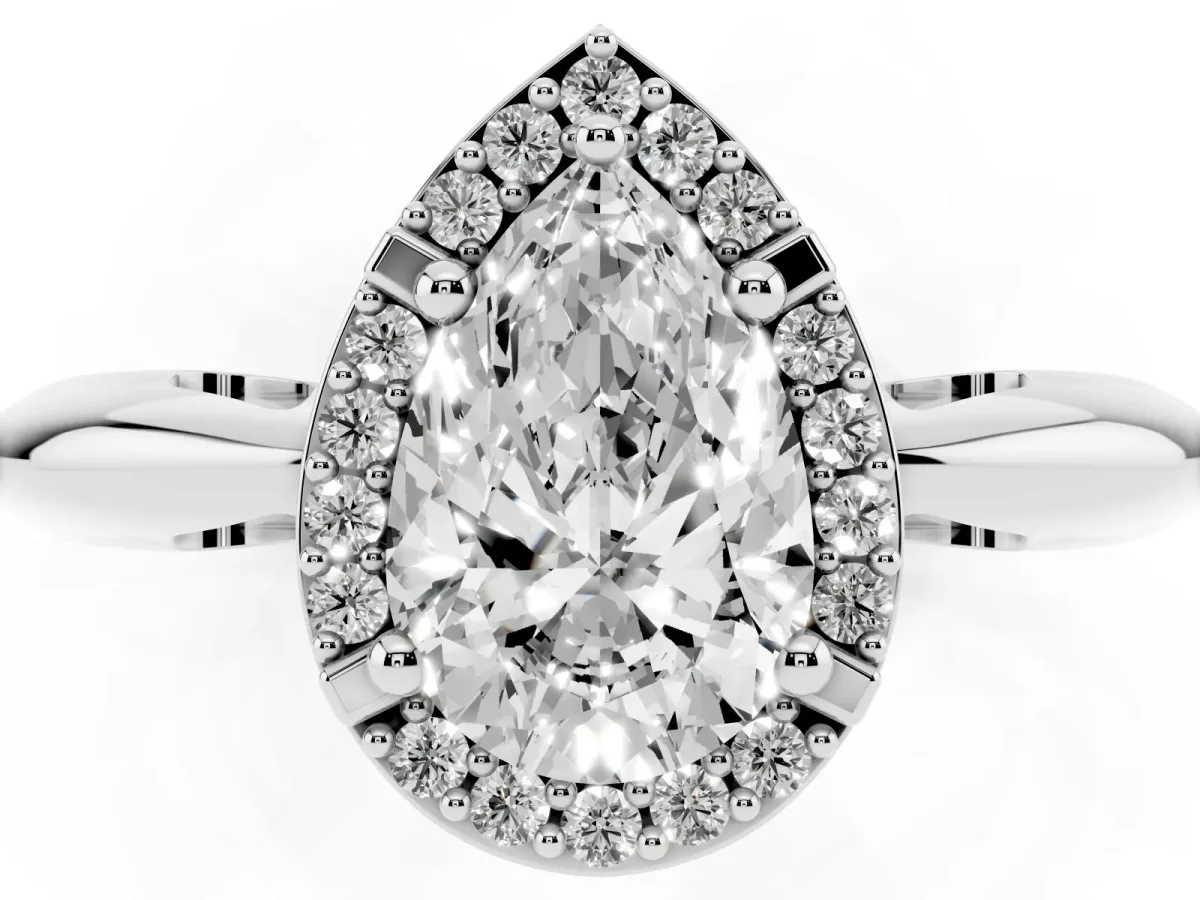 Pear Cut Cut Diamond Halo Engagement Ring with Split Shank and Four-Prong Setting Silver