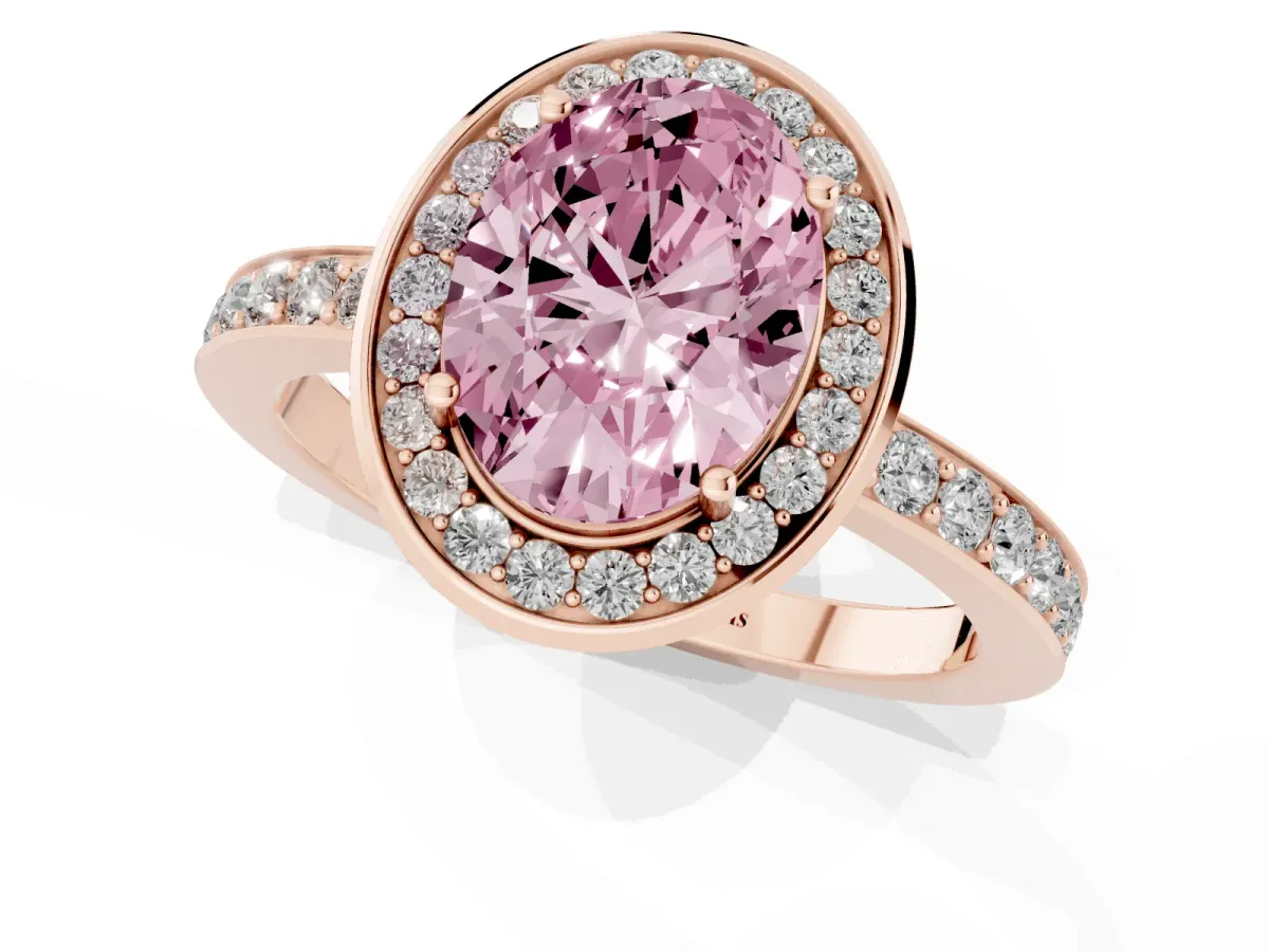 Fancy Pink Oval Cut Diamond Halo Ring with Bezel Frame and Pavé Band Rose gold