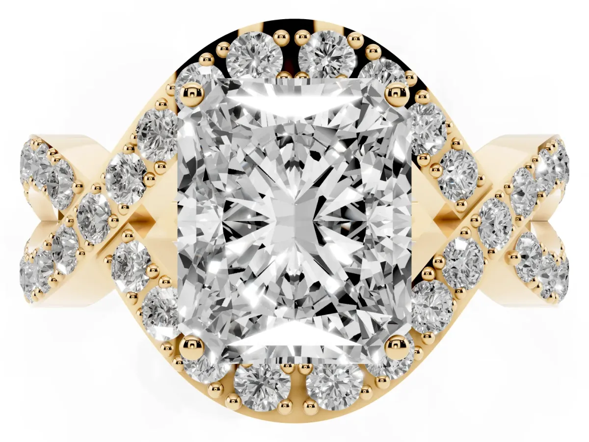 Radiant Cut Solitaire Twist Band Pavé Diamond Engagement Ring Yellow gold