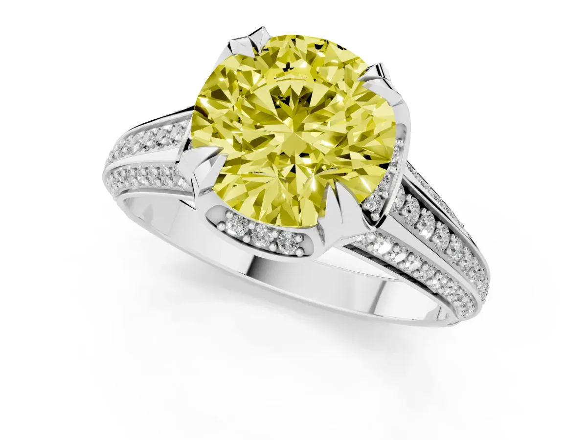 Fancy Yellow Round Cut Solitaire Pave Split Shank Ring with Four-Prong Setting Platinum
