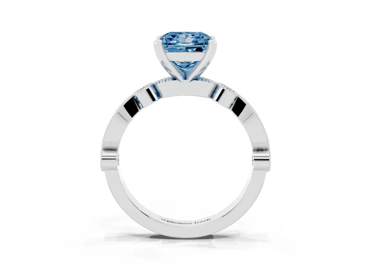 Fancy Blue Princess Cut Milgrain Bezel Diamond Engagement Ring with Solitaire Prong Setting Silver