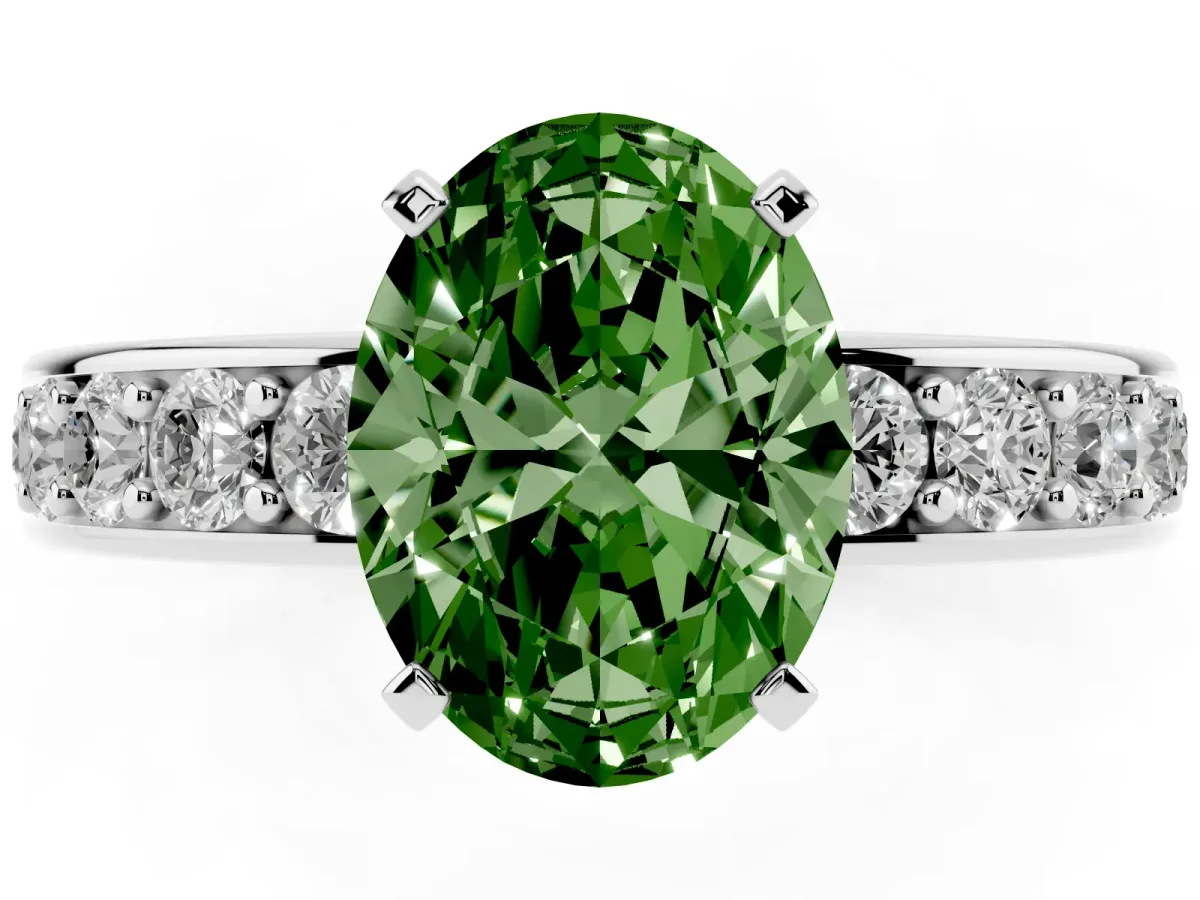 Fancy Green Oval Cut Diamond Engagement Ring with Channel Set Round Band and Prong Setting Platinum