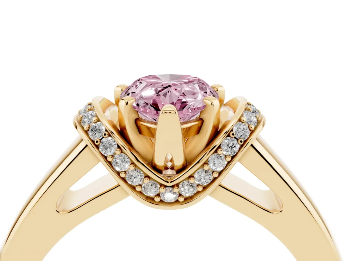 Fancy Pink Pear Cut Solitaire Diamond Ring with Pave Band and Six-Prong Setting Yellow gold