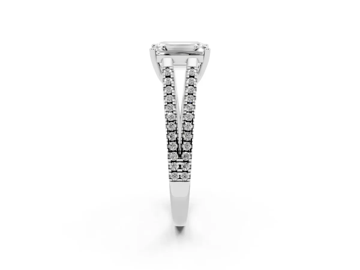 Emerald Cut Diamond Solitaire Engagement Ring with Split Shank Pavé Band Platinum