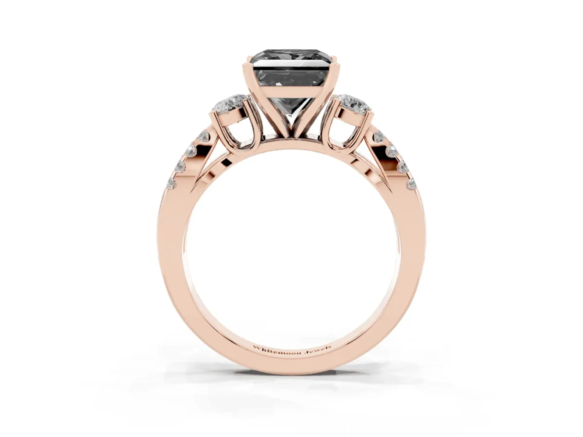 Fancy Black Princess Cut Diamond Three-Stone Ring with Pavé Split Shank and Four-Prong Setting Rose gold