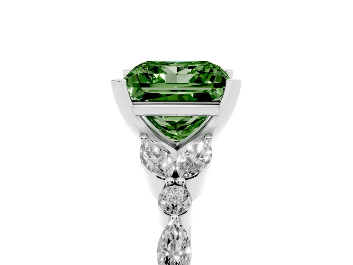 Fancy Green Princess Cut Diamond Solitaire Ring with Side Stones and Four-Prong Setting Silver