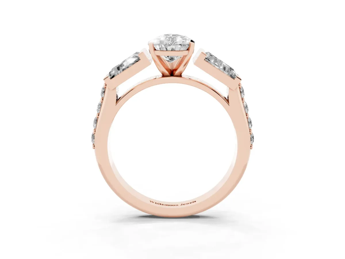Pear Cut Diamond Engagement Ring with Baguette Side Stones and Channel Set Band Rose gold