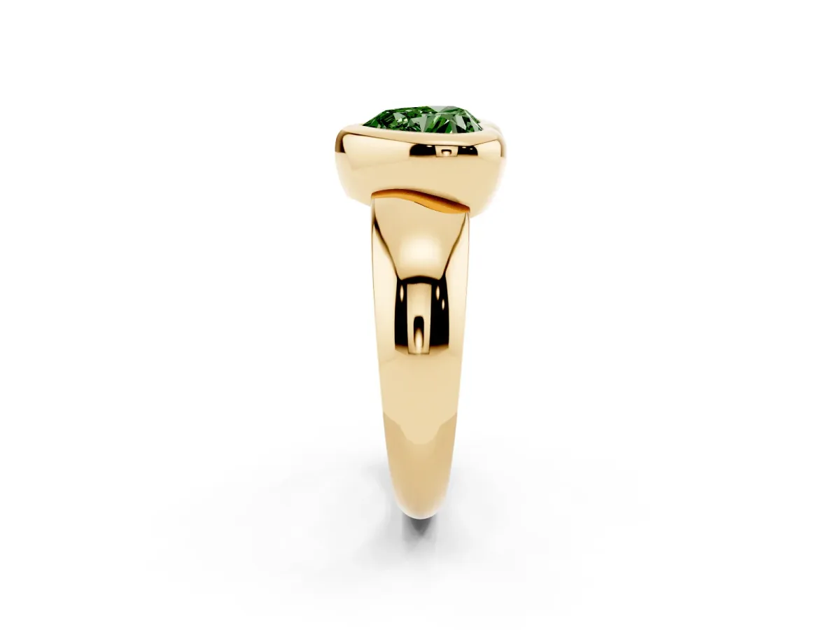 Fancy Green Bezel Set Heart Cut Solitaire Ring with Wide Band Yellow gold
