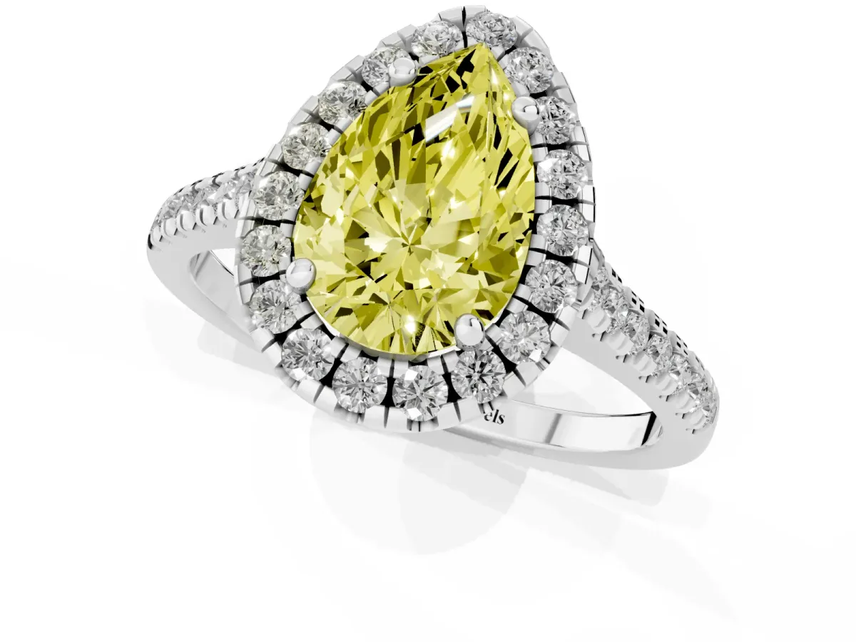 Fancy Yellow Pear Cut Diamond Cushion Halo Ring with Pavé Band Silver