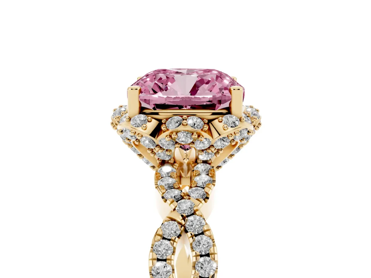 Fancy Pink Cushion Cut Halo Twist Band Solitaire Ring with Six-Prong Setting Yellow gold