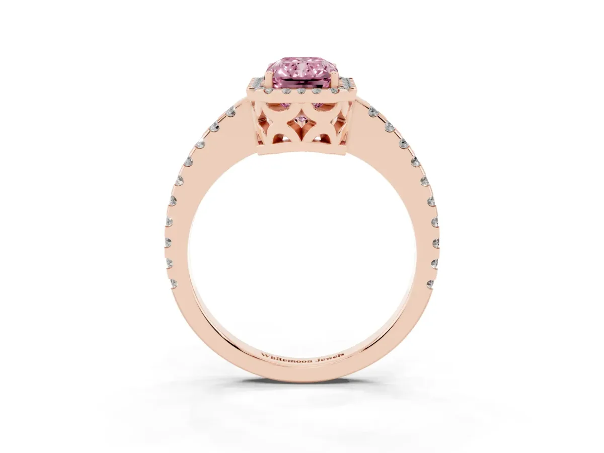 Fancy Pink Radiant Cut Diamond Halo Engagement Ring with Pavé Band and Prong Setting Rose gold
