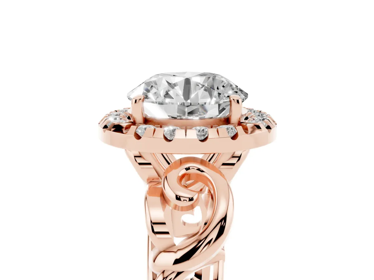 Round Cut Cut Halo Diamond Ring with Scrollwork Band and Four-Prong Setting Rose gold