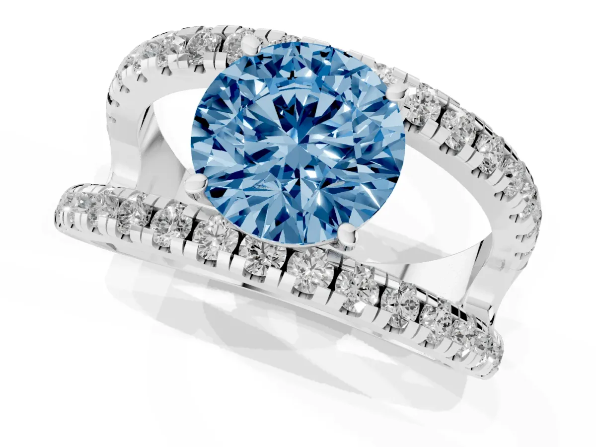 Fancy Blue Round Cut Solitaire Split Shank Pave Diamond Ring Platinum