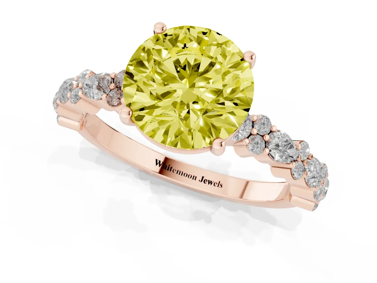 Fancy Yellow Round Cut Diamond Side Stone Solitaire Ring with Round and Four-Prong Setting Rose gold
