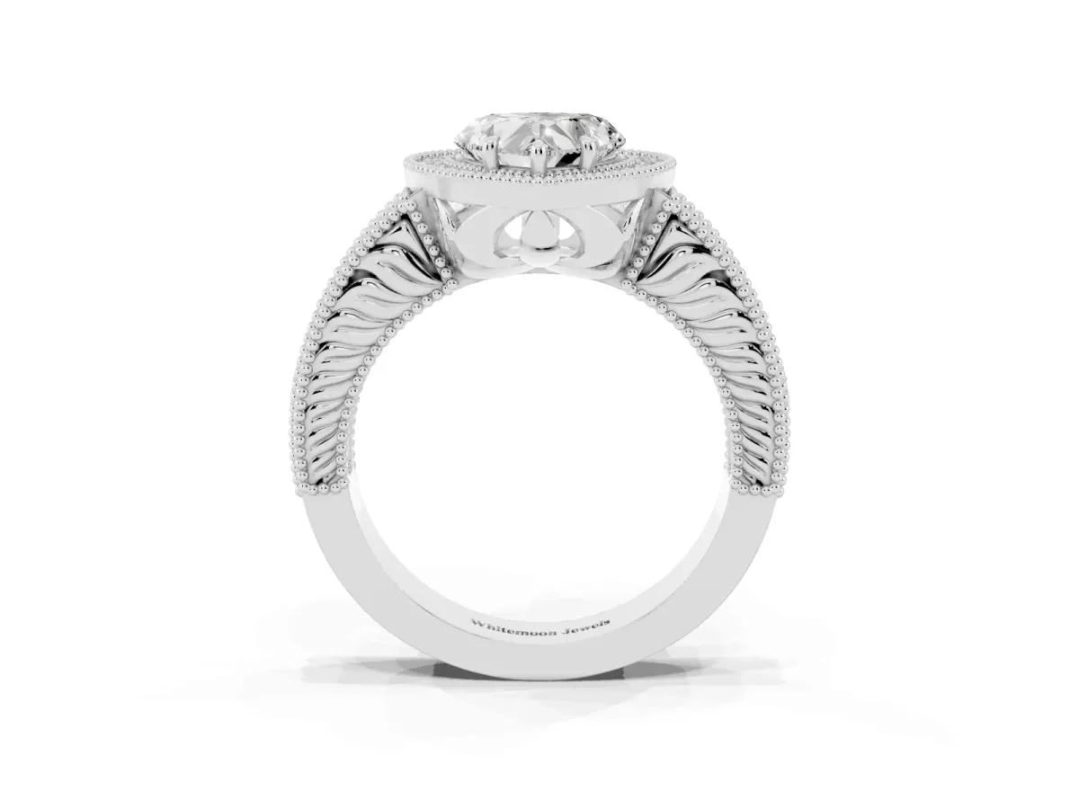 Heart Cut Cut Halo Diamond Ring with Pavé Band and Four-Prong Setting Silver
