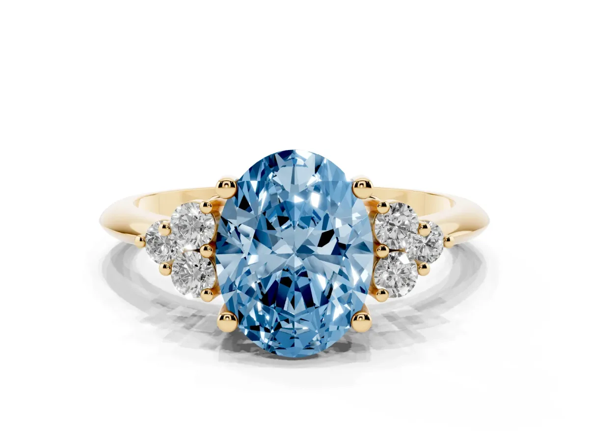 Fancy Blue Oval Cut Cut Diamond Cluster Ring with Solitaire Band and Four-Prong Setting Yellow gold