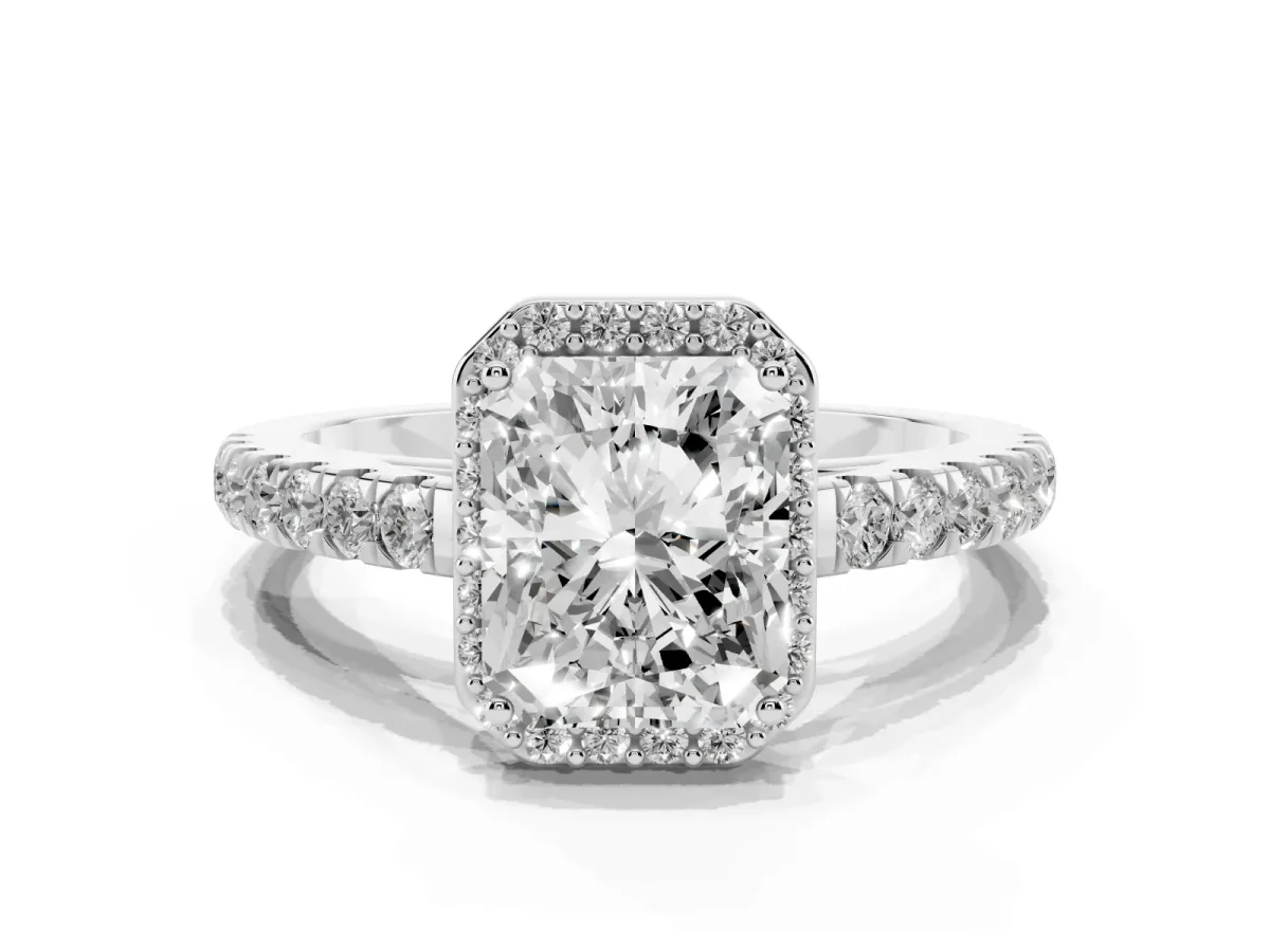 Radiant Cut Cut Halo Diamond Engagement Ring with Pave Band and Four-Prong Setting Silver