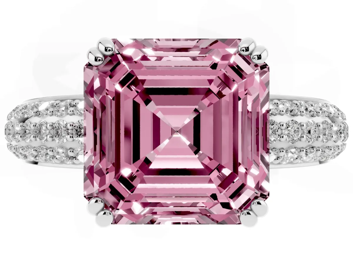 Fancy Pink Asscher Cut Diamond Solitaire Ring with Multi-Row Round Pavé Band and Prong Setting Silver