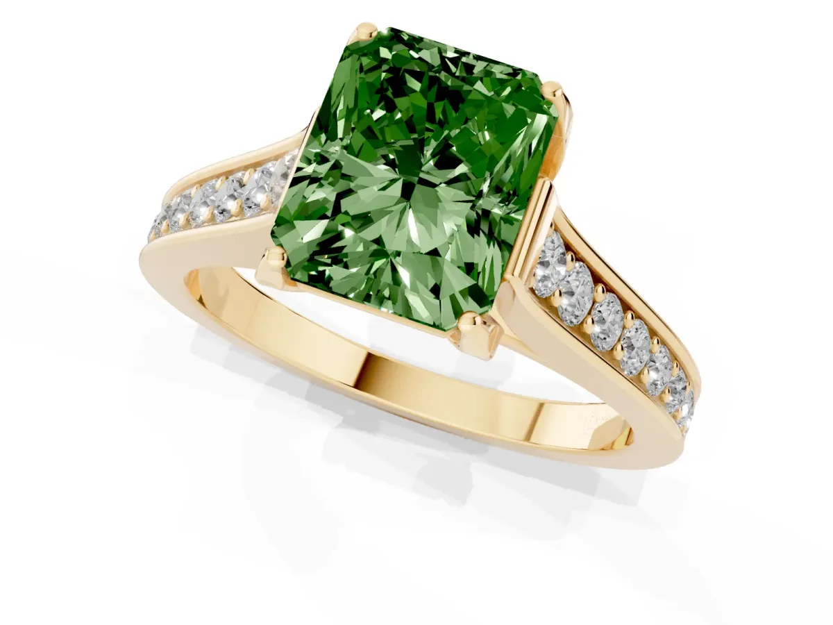 Fancy Green Radiant Cut Brilliant Cut Diamond Engagement Ring with Pavé Band and Four-Prong Setting Yellow gold