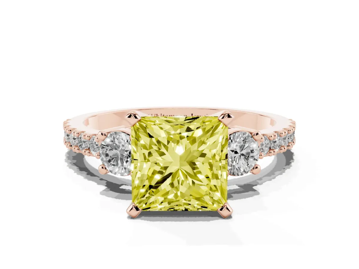 Fancy Yellow Princess Cut Three-Stone Diamond Pavé Band with Prong Setting Rose gold