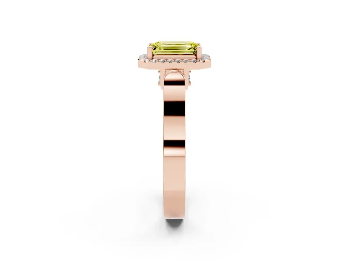 Fancy Yellow Emerald Cut Halo Round Diamond Twist Band with Four-Prong Setting Rose gold