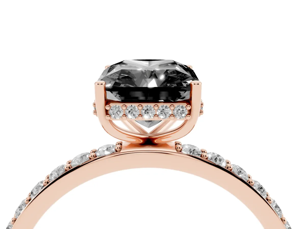 Fancy Black Radiant Cut Diamond Solitaire Ring with Pavé Band and Hidden Halo Rose gold