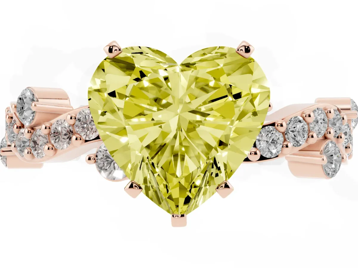 Fancy Yellow Heart Cut Cut Solitaire Diamond Twisted Band with Pave Setting Rose gold
