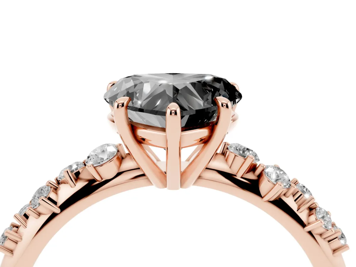 Fancy Black Heart Cut Diamond Cluster Side Stone Solitaire Ring with Prong Setting Rose gold