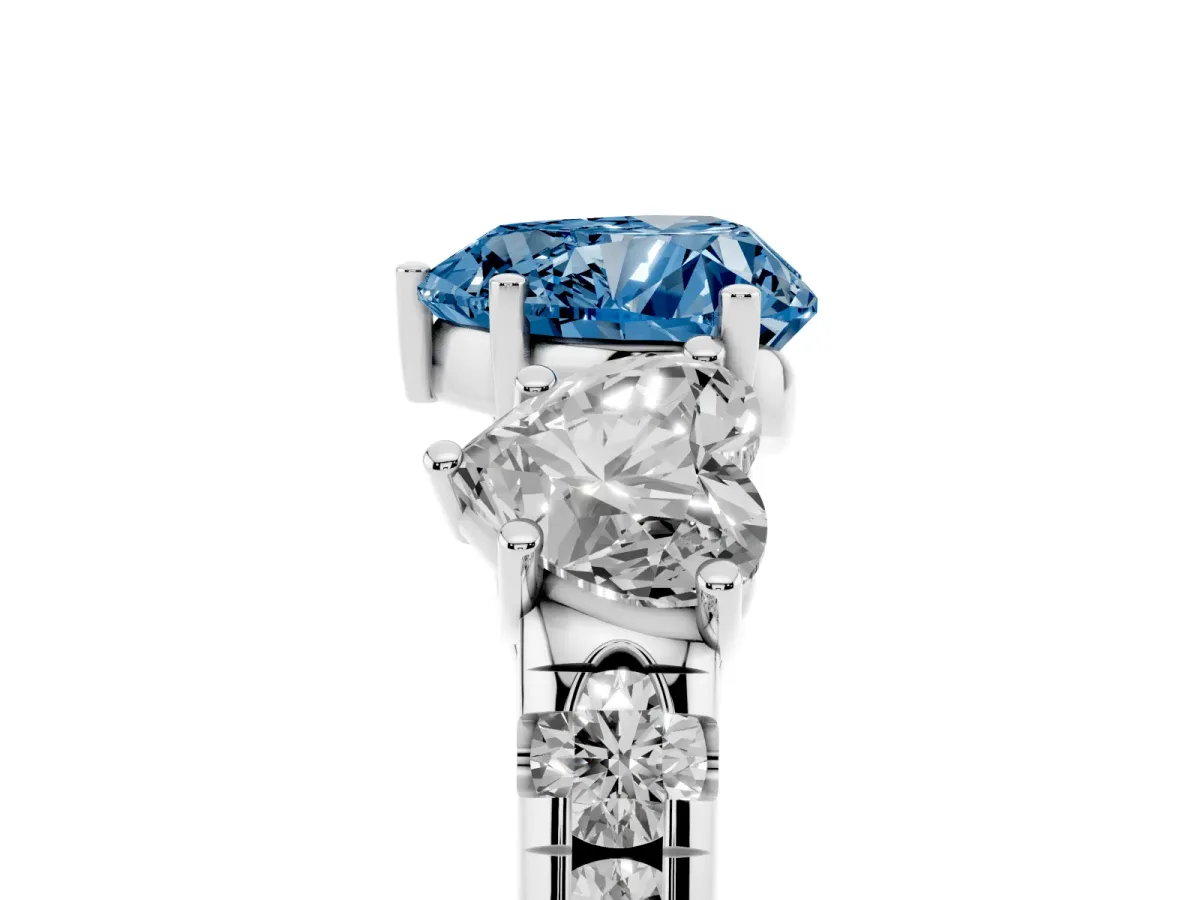 Fancy Blue Three-Stone Heart Cut Diamond Pavé Band with Prong Setting Silver