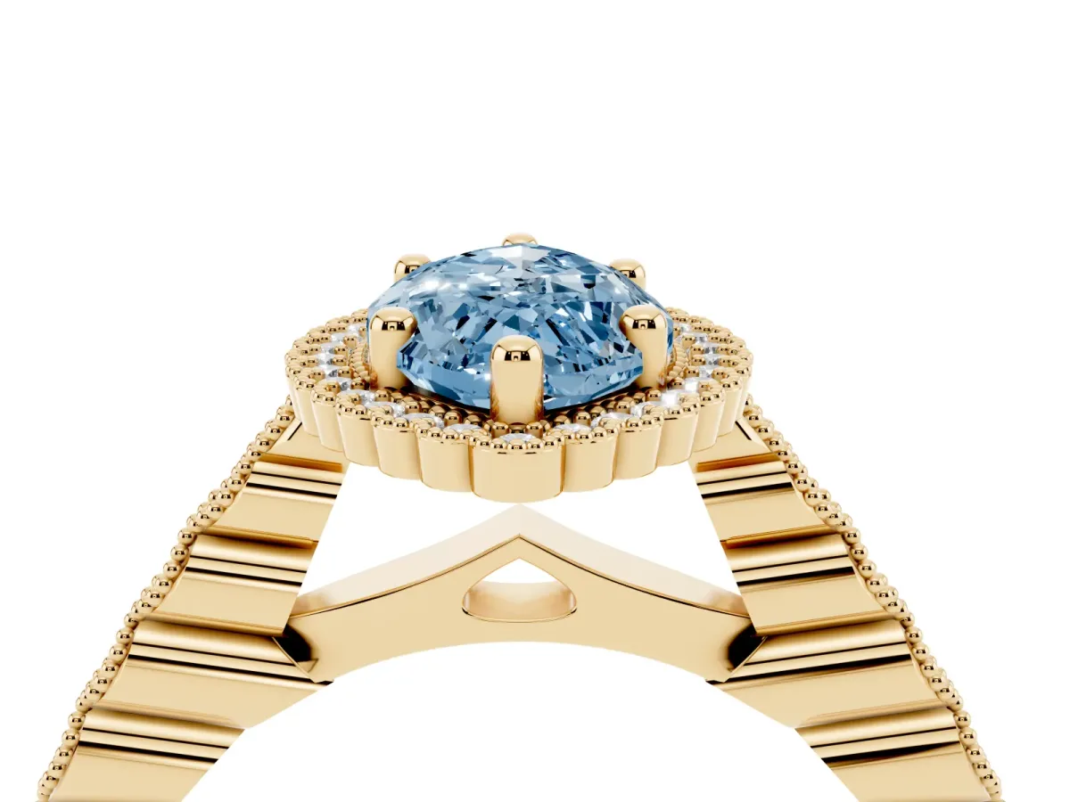 Fancy Blue Marquise Cut Cut Halo Pavé Solitaire Ring with Milgrain Band Yellow gold