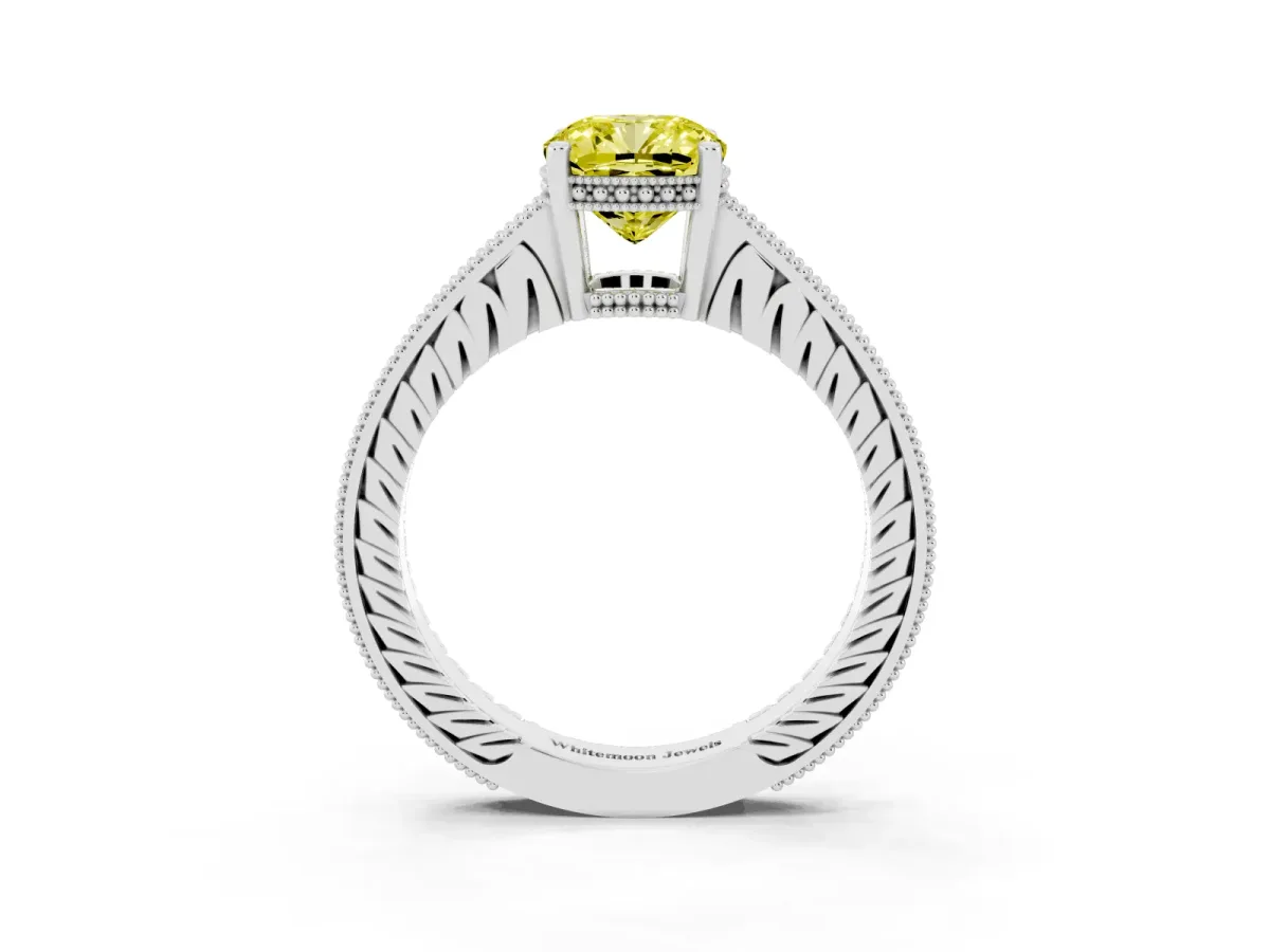 Fancy Yellow Cushion Cut Solitaire Pavé Diamond Milgrain Engagement Ring with Four-Prong Setting Silver