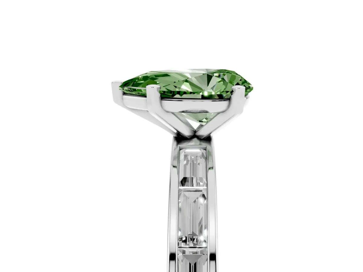 Fancy Green Pear Cut Solitaire Diamond Ring with Channel-Set Baguette Band and Four-Prong Setting White gold