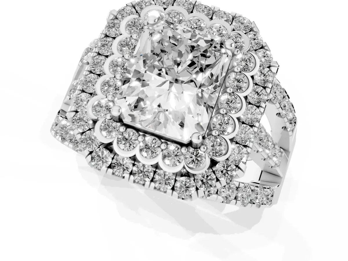 Radiant Cut Diamond Double Halo Ring with Round Pavé Split Shank and Prong Setting Silver
