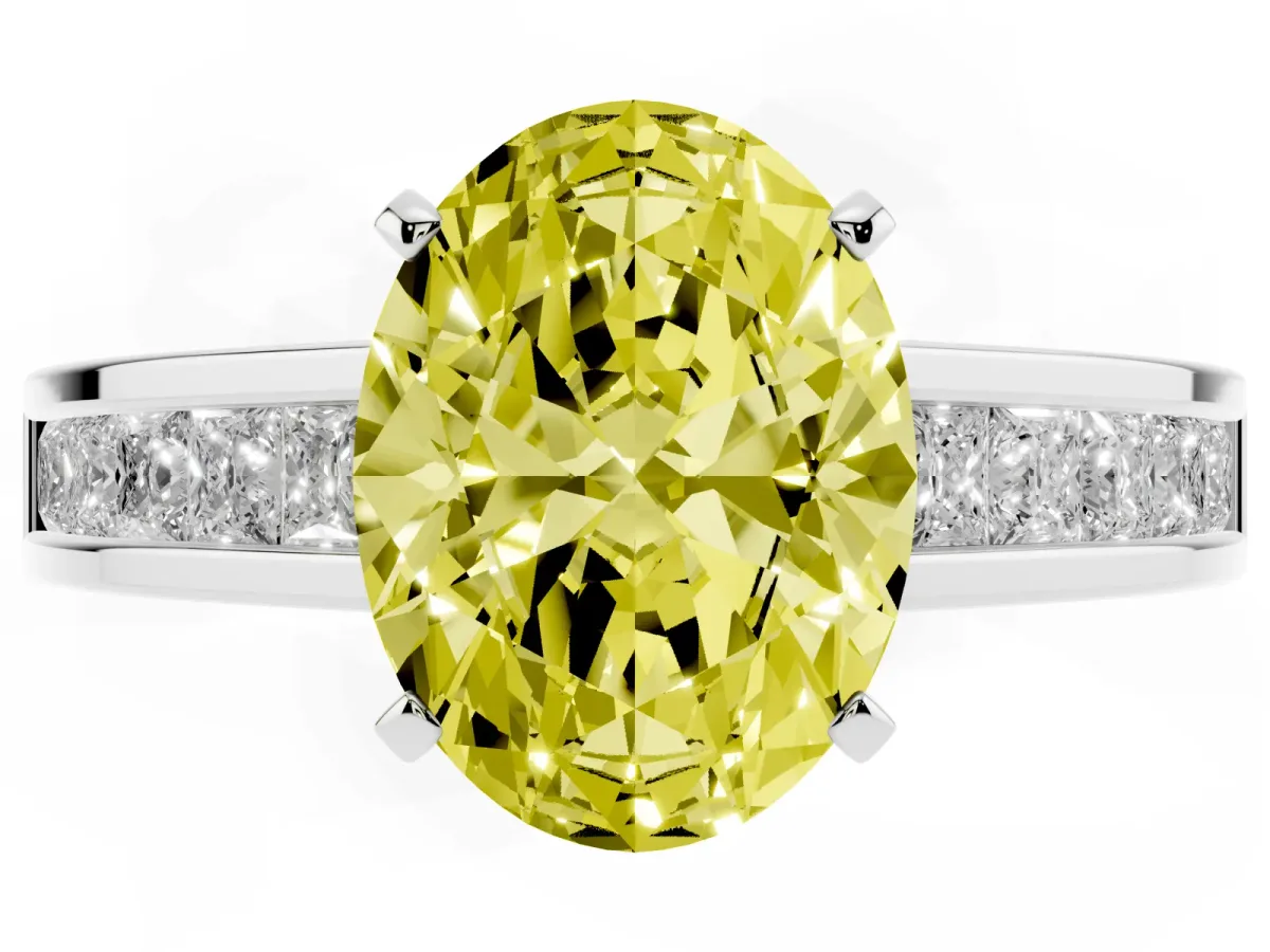 Fancy Yellow Oval Cut Solitaire Diamond Ring with Channel-Set Band and Four-Prong Setting Silver