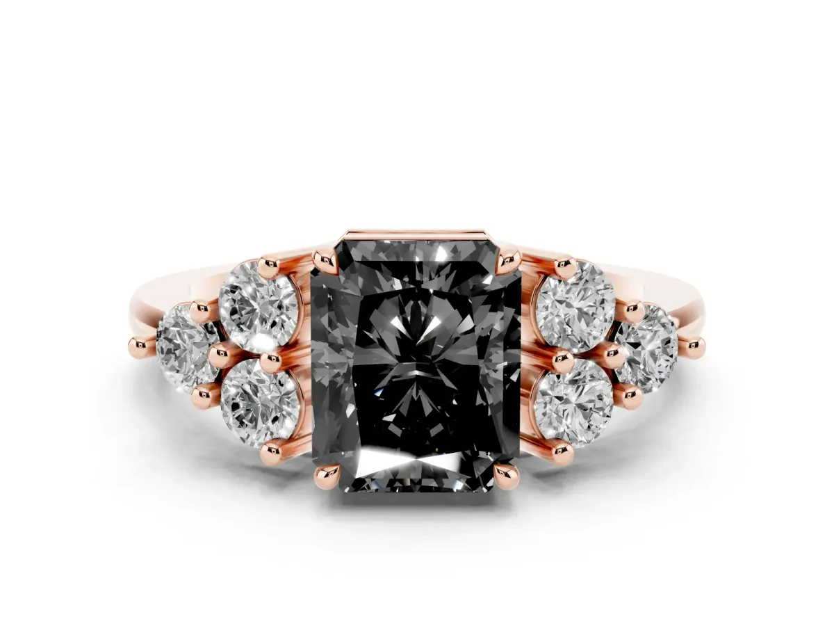 Fancy Black Radiant Cut Brilliant Diamond Cluster Accent Solitaire Ring with Prong Setting Rose gold