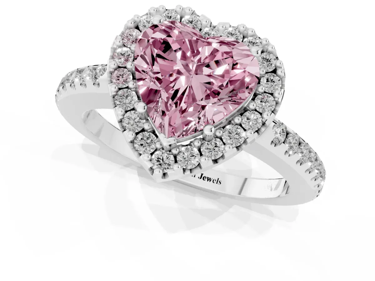 Fancy Pink Heart Cut Diamond Pavé Halo Ring with Four-Prong Setting Silver