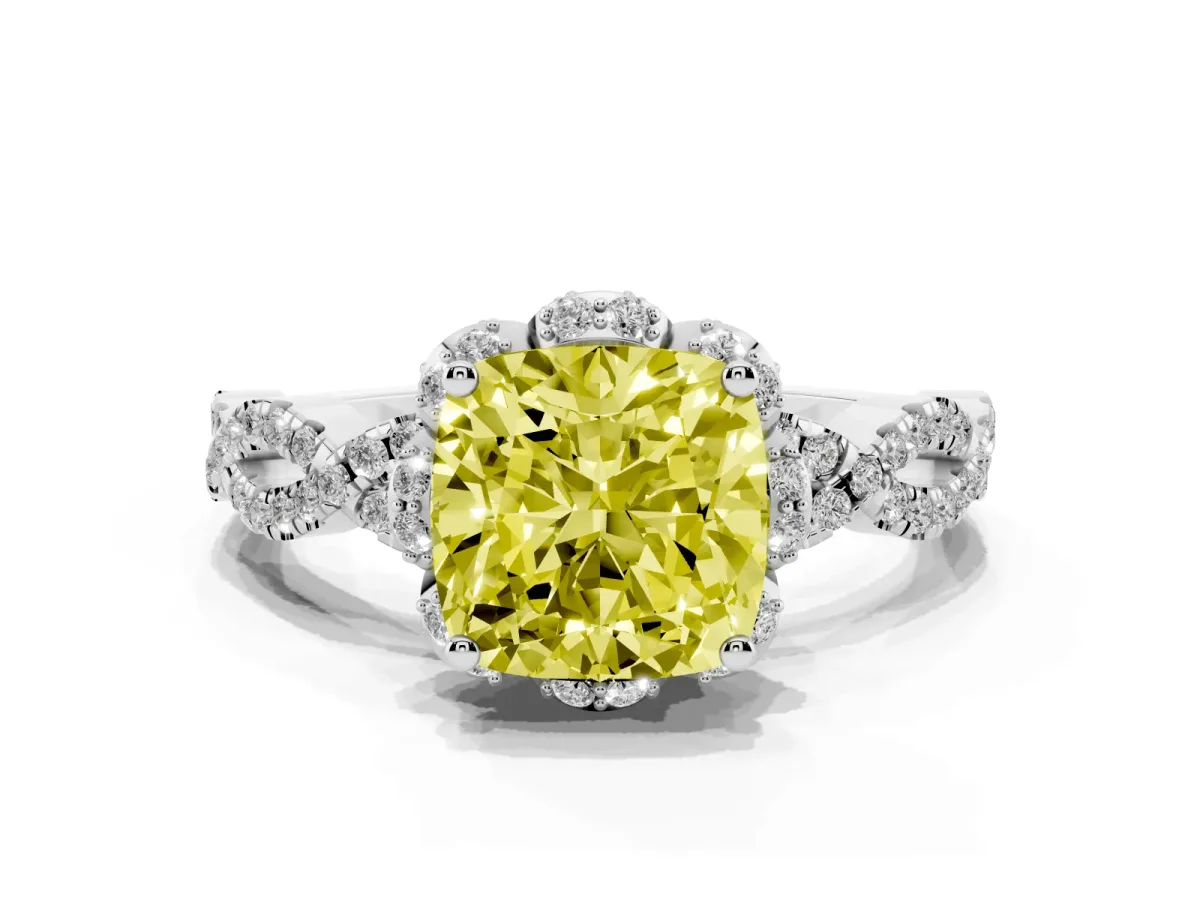 Fancy Yellow Cushion Cut Halo Twist Band Solitaire Ring with Six-Prong Setting Silver