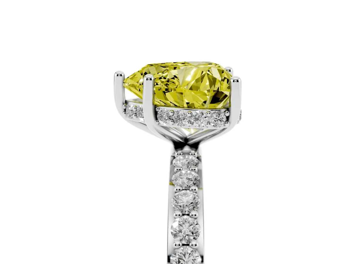 Fancy Yellow Heart Cut Diamond Solitaire Ring with Pavé Band and Hidden Halo Silver