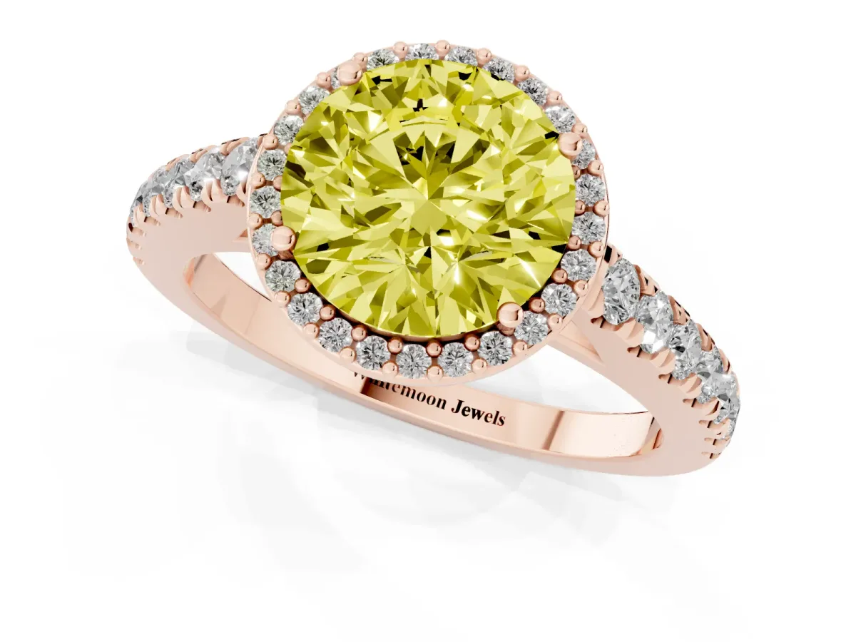 Fancy Yellow Round Cut Cut Halo Diamond Engagement Ring with Pave Band and Four-Prong Setting Rose gold