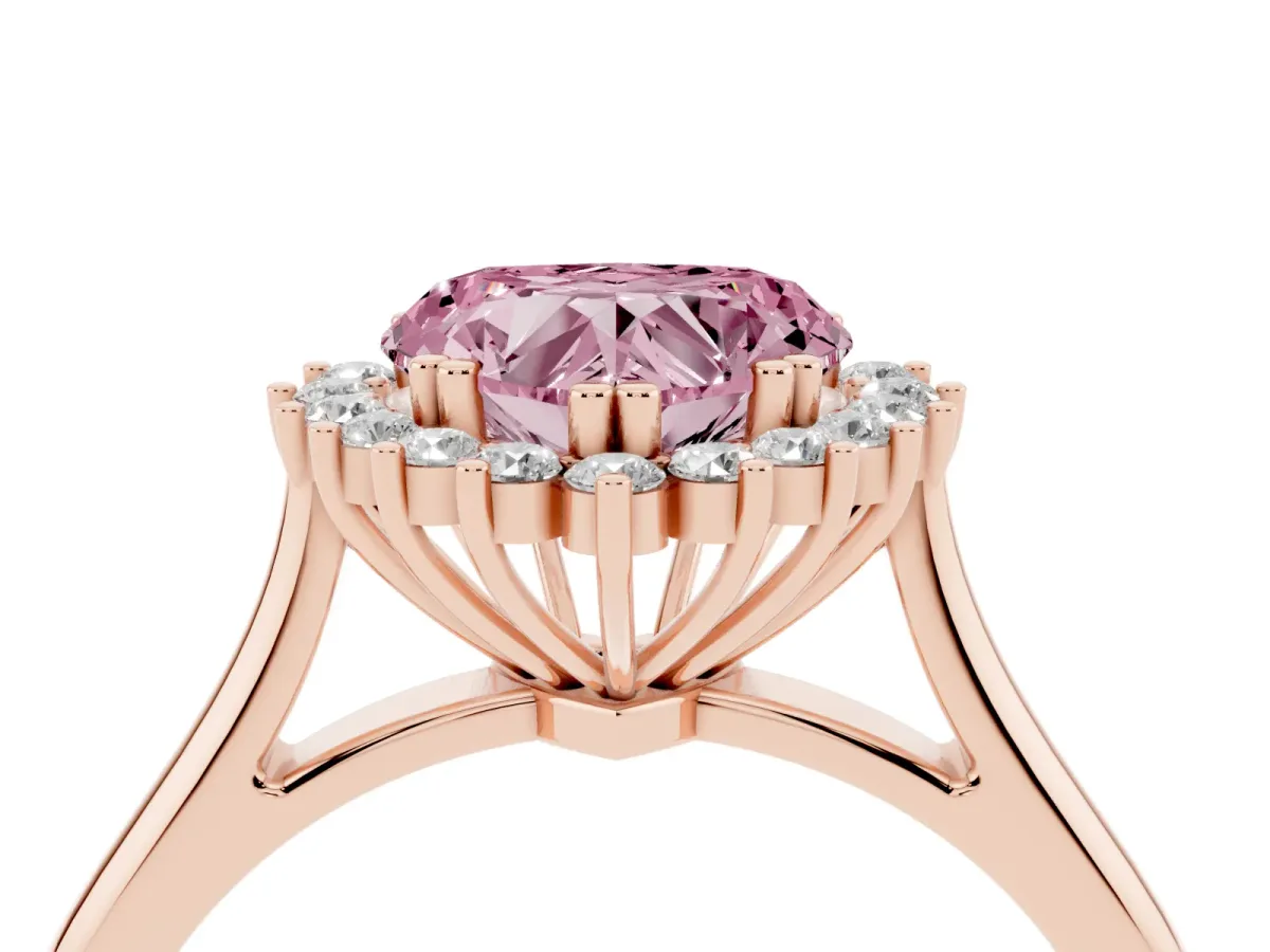 Fancy Pink Heart Cut Cut Diamond Halo Ring with Solitaire Band and Prong Setting Rose gold
