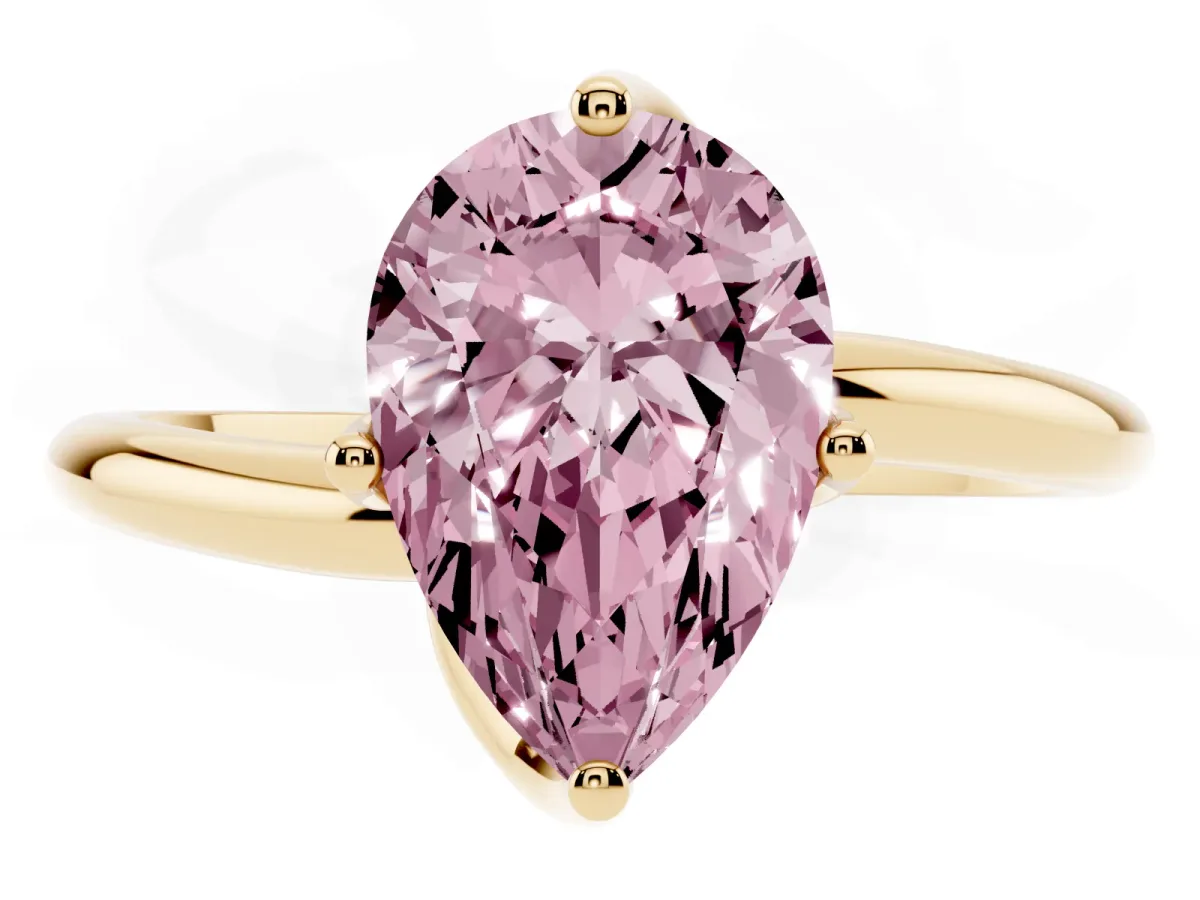 Fancy Pink Pear Cut Diamond Solitaire Engagement Ring with Four-Prong Setting and Classic Band Yellow gold